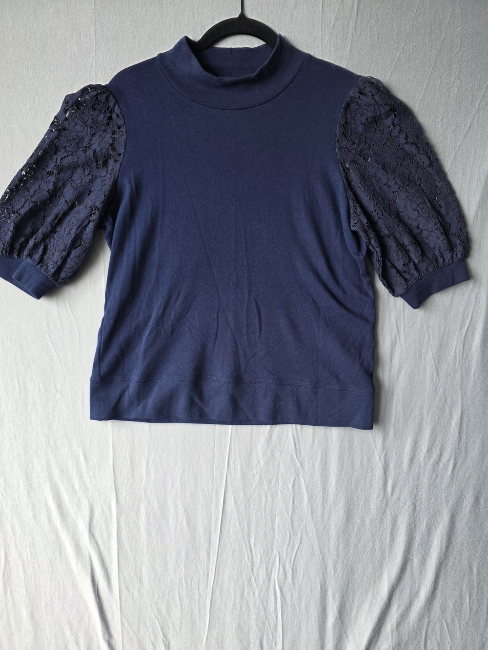 Lauren Ralph Lauren Navy Lace Puff Sleeve Mock Neck Top L